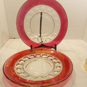 Vintage Tiffiny Kings Crown Ruby Red and Clear Glass Salad Plate Set